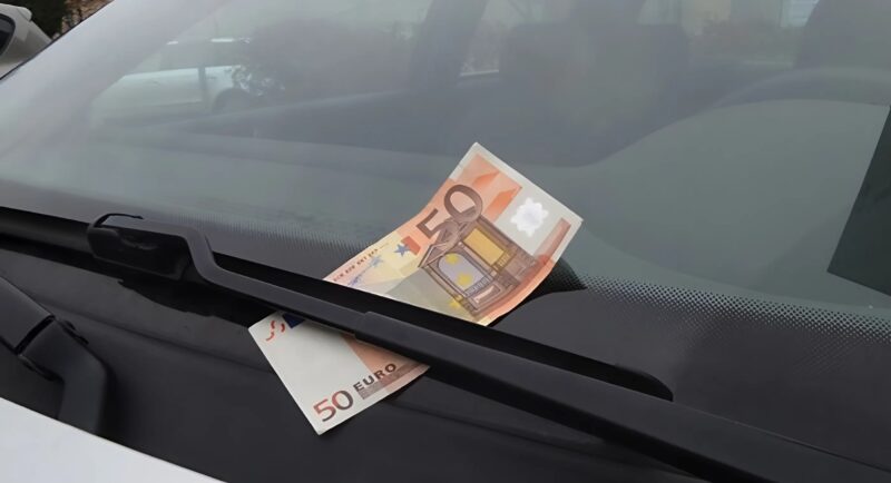 Voorruit met geld onder ruitenwisser