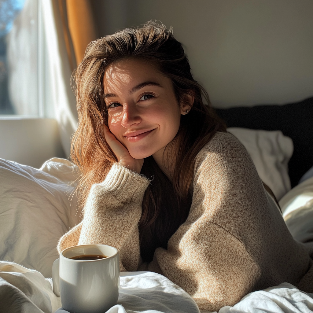 Vrouw drinkt koffie op haar bed | Bron: Midjourney