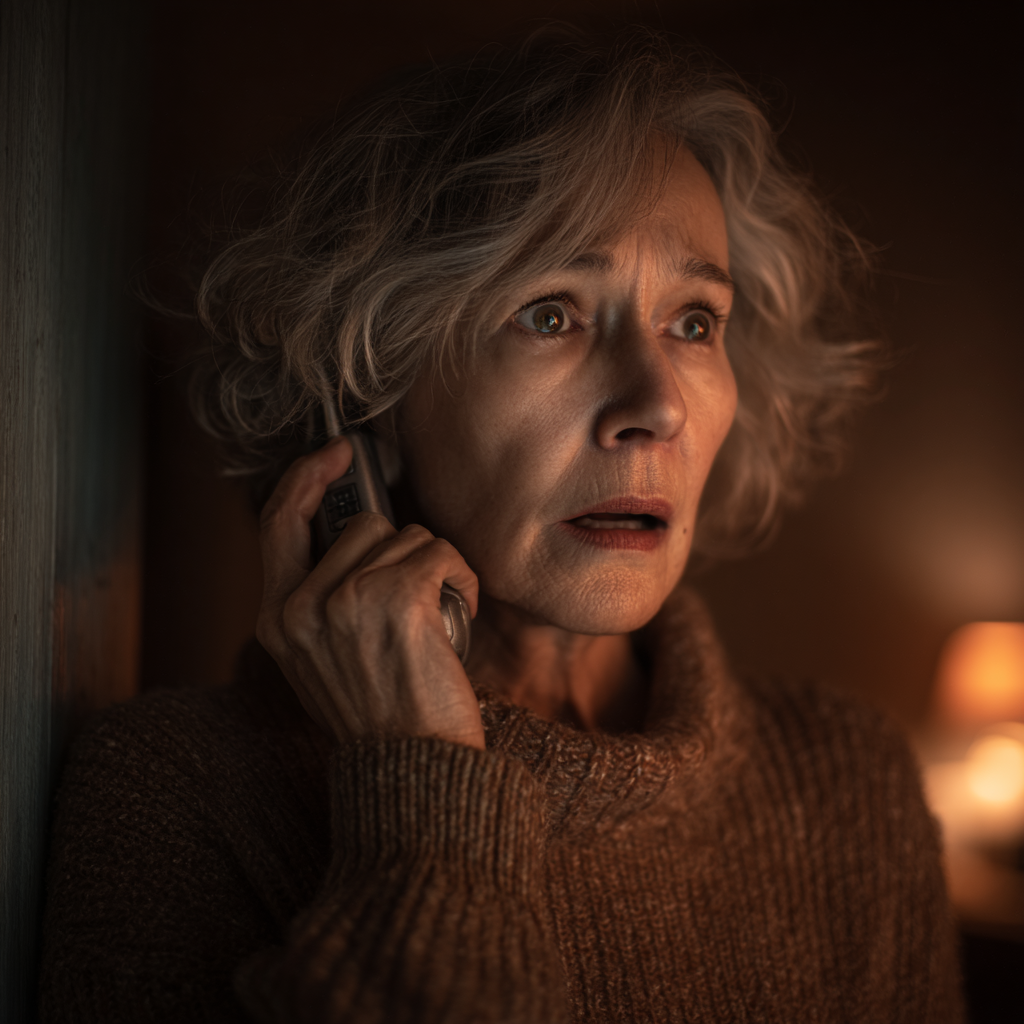 Een vrouw die ontzet luistert via een walkietalkie